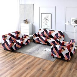 Cortina 3 Pcs Maroon & Pink Geometric Printed Stretchable 5-Seater Sofa Cover Set-image-7