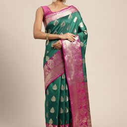 Silk Land Teal Green & Golden Floral Zari Banarasi Saree-12