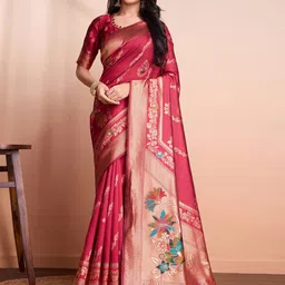 RICH & ROMAN Ethnic Motifs Zari Pure Silk Banarasi Saree-image-41