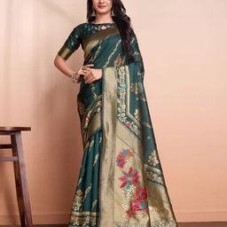RICH & ROMAN Ethnic Motifs Zari Pure Silk Banarasi Saree-image-43