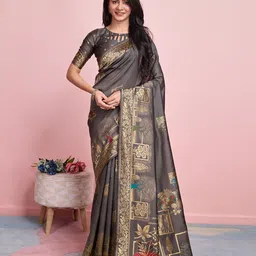 RICH & ROMAN Ethnic Motifs Zari Pure Silk Banarasi Saree-image-36