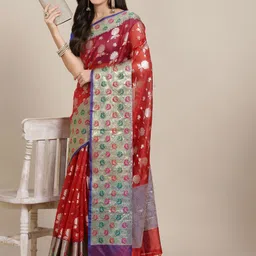 Silk Land Red & Silver-Toned Floral Zari Art Silk Banarasi Saree-image-76