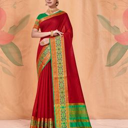 Anouk Red & Green Woven Design Border Zari Saree-14