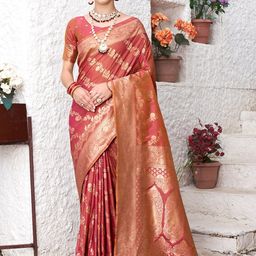 Anouk Red & Gold-Toned Ethnic Motifs Woven Design Zari Banarasi Saree-15