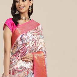Silk Land White & Pink Ethnic Motifs Zari Art Silk Banarasi Saree-picture-39