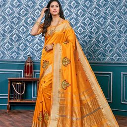 Mitera Yellow & Red Floral Embroidered Assam Silk Cotton Banarasi Saree-image-63