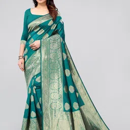 KALINI Green & Gold-Toned Floral Zari Silk Blend Banarasi Saree-picture-24