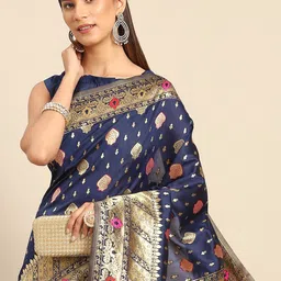 anouk rustic Anouk Navy Blue & Gold-Toned Ethnic Motifs Silk Blend Banarasi Saree image 1