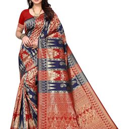 Varanga Blue & Red Ethnic Motifs Woven Design Zari Banarasi Saree-image-18