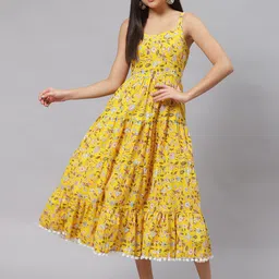 KALINI Floral Printed Shoulder Straps Sleeveless Gathered Tiered Fit & Flare Midi Dress-picture-16