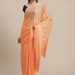 Anouk Orange & Blue Checked Embroidered Saree-picture-23