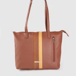 Caprese Brown Solid Structured Shoulder Bag with Croc Textured Striped Detail-5