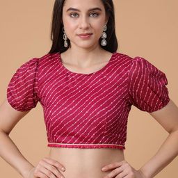 Frolic Rolic Pink Leheriya Silk Blend Round Neck Short Puff Sleeves Blouse-49