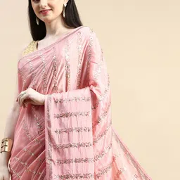 kasee Embroidered Striped Sequinned Pure Crepe Saree-image-23