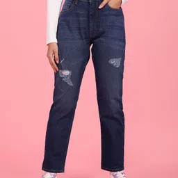 Flying Machine Women Blue Straight Fit Mildly Distressed Stretchable Jeans-28