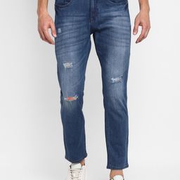 Routeen Men Blue Tapered Fit Mildly Distressed Heavy Fade Stretchable Jeans-image-63