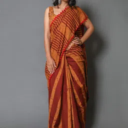 JAIPURI BLOCK PRINT Striped Pom Pom Detail Pure Cotton Mulmul Block Print Saree image 1