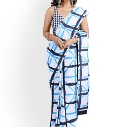 JAIPURI BLOCK PRINT Geometric Printed Pure Cotton Mulmul Block Print Saree image 1