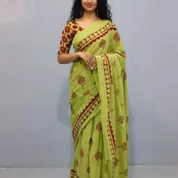 TROPWEAR Ethnic Motifs Mulmul Cotton Block Print Saree-13