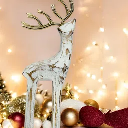 Hind Decor White Wooden Reindeer With Horns Birds and Animals Figurine Showpiece-22