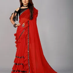 b4me.com B4ME COM Red & Black Sequinned Pure Georgette Ruffel Boarder Saree image 1