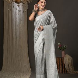 Mitera Grey & Silver-Toned Ethnic Motifs Zari Silk Cotton Leheriya Saree-image-22