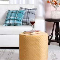 Shadowkart Beige Checked Velvet & Wooden Round Ottoman-image-11