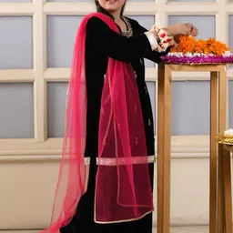 BAESD Girls Floral Embroidered Regular Velvet Kurta with Palazzos & With Dupatta-image-77