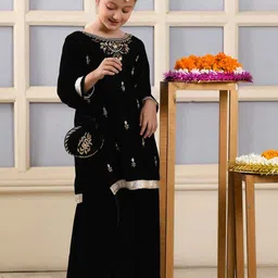 BAESD Girls Floral Embroidered Regular Velvet Kurta with Palazzos & With Dupatta-picture-36