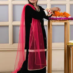 BAESD Girls Floral Embroidered Regular Thread Work Velvet Kurta with Palazzos & With Dupatta-picture-14