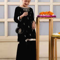 BAESD Girls Floral Embroidered Regular Velvet Kurta with Palazzos & With Dupatta-image-74