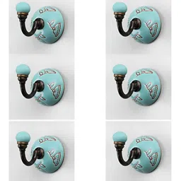 IndianShelf Green and Brown 6 Pieces Ceramic Floral Printed Wall Hooks-image-27