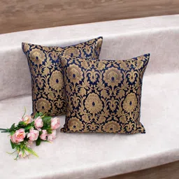 RoyalDeco Navy Blue 2 Pieces Ethnic Motifs Zari Brocade Silk Square Cushion Covers-25