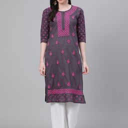ADA Women Charcoal Grey & Purple Chikankari Hand Embroidered Cotton Straight Sustainable Handloom Kurta-24
