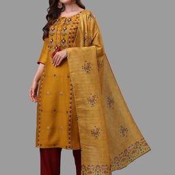 Berrylicious Mustard Yellow Floral Embroidered Chanderi Cotton Kurta with Trousers & Dupatta-image-24