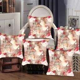 Tesmare Brown & Red 5-Pieces Floral Printed Velvet Square Cushion Covers-13