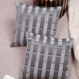 HOSTA HOMES Grey & Gold-Toned Set of 2 Striped Velvet Square Cushion Covers-11