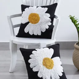 HANDICRAFT PALACE Black & White 2 Pieces Embroidered Cotton Square Cushion Covers-picture-4