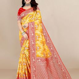 VAIRAGEE Yellow & Red Woven Design Zari Silk Cotton Saree-image-75