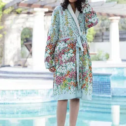 SANSKRUTIHOMES Blue & Green Printed Cotton Comfort-Fit Bathrobe-44