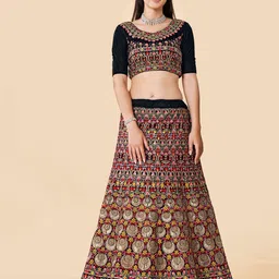 Fusionic Navy Blue & Yellow Embroidered Thread Work Semi-Stitched Lehenga & Unstitched Blouse With Dupatta-image-50