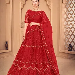 Warthy Ent Red & Gold-Toned Embroidered Thread Work Semi-Stitched Lehenga & Unstitched Blouse With Dupatta-7