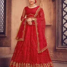 Warthy Ent Red & Gold-Toned Embroidered Thread Work Semi-Stitched Lehenga & Unstitched Blouse With Dupatta-8