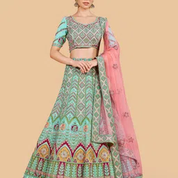 Fusionic Blue & Gold-Toned Embroidered Thread Work Semi-Stitched Lehenga & Unstitched Blouse With Dupatta-image-51