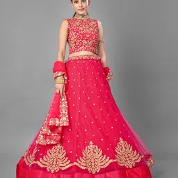 Fusionic Pink & Gold-Toned Embroidered Thread Work Semi-Stitched Lehenga & Unstitched Blouse With Dupatta-image-52