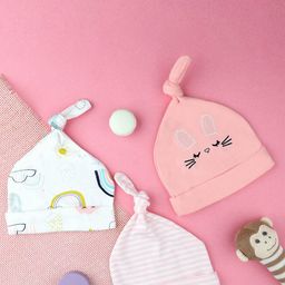 KICKS & CRAWL Girls Pack of 3 Pink & White Printed Cotton Beanie-image-75