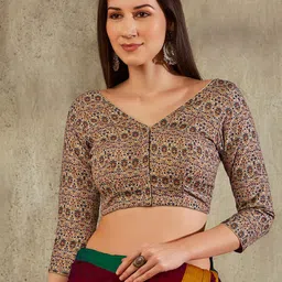 SALWAR STUDIO Floral Block Printed Cotton Saree Blouse-11