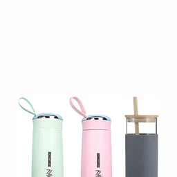 WELOUR Green & Pink 3 Pieces Typography Printed Glass Water Bottles 400 ml Each-35