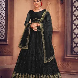 Warthy Ent Black & Gold-Toned Embroidered Thread Work Semi-Stitched Lehenga & Unstitched Blouse With Dupatta-picture-19