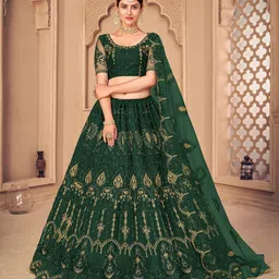 Warthy Ent Green & Gold-Toned Embroidered Thread Work Semi-Stitched Lehenga & Unstitched Blouse With Dupatta-34
